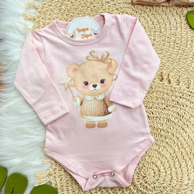 Conj. Body Manga Longa Ursinha, Saia e Faixinha em Plush - Rosa